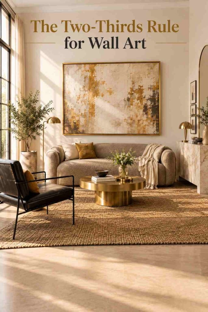 Luxury Wall Art Living Room Ideas to Transform Your Space in 2026 3 Angled view of a living room showing the proportion between the sofa and the oversized wall canvas.