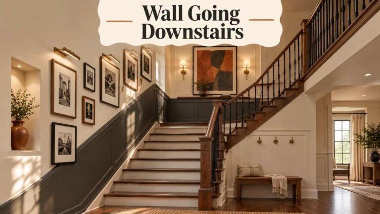 Staircase wall styled as a stepped frame gallery with brass picture lights, walnut steps and a large print on the landing.