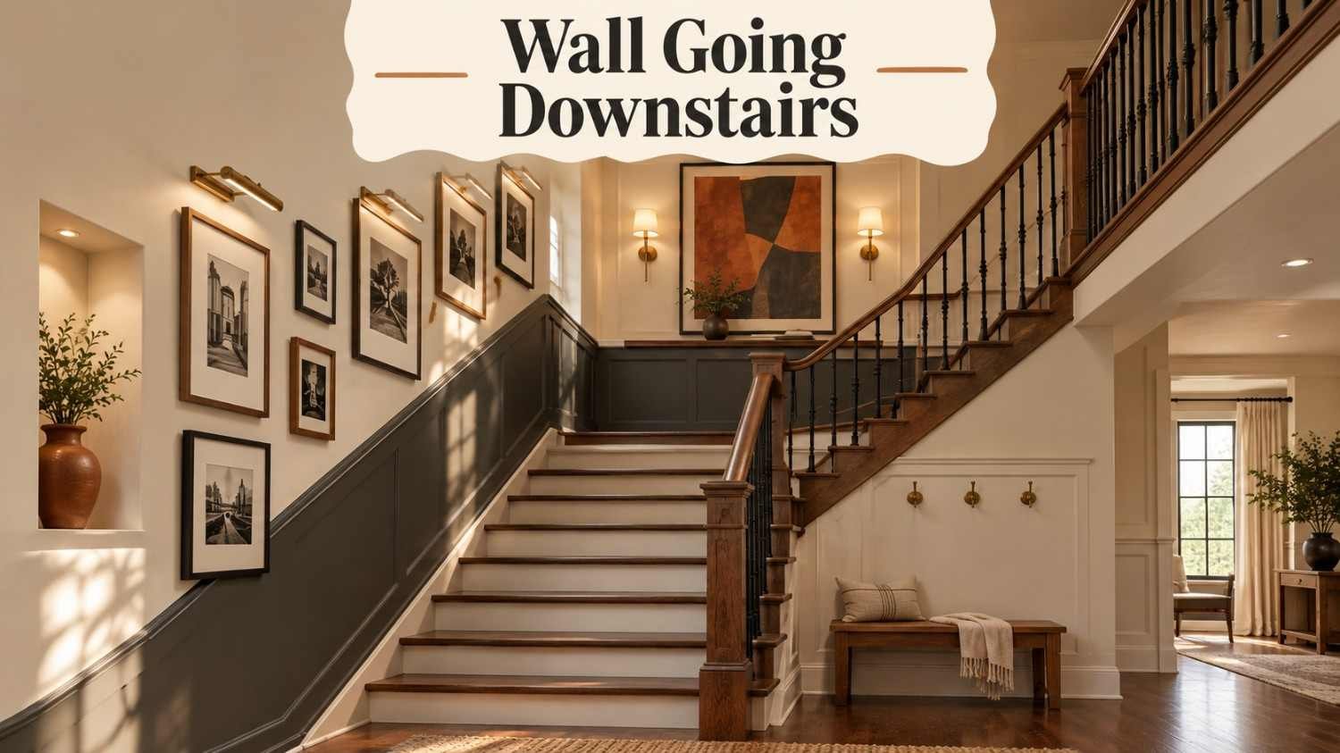 Staircase wall styled as a stepped frame gallery with brass picture lights, walnut steps and a large print on the landing.