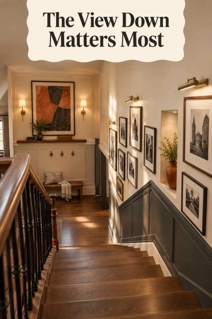 Wall-Going-Downstairs Ideas to Turn Your Staircase Into a Showpiece 2 View down a walnut staircase from the landing, with framed photographs on the wall, brass sconces and a bench at the foot.