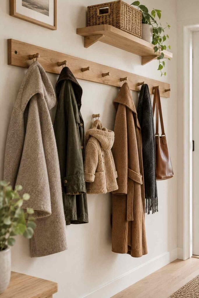 Oak wall hook rail with coats at different heights in a Scandinavian entryway