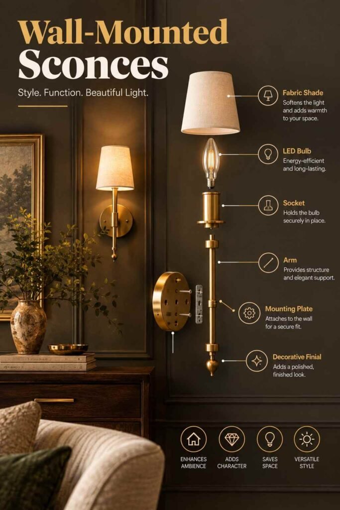 Elegant brass wall-mounted sconce with fabric shade shown in a warm, sophisticated dining room.