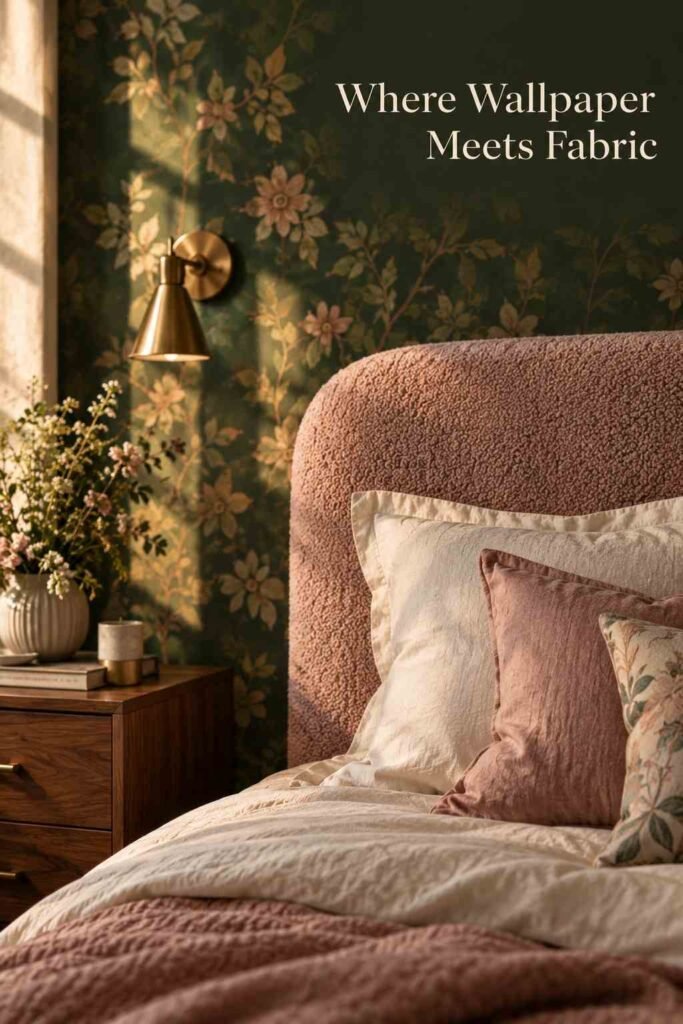 Feature Wall Bedroom Ideas: The Complete 2026 Guide to a Show-Stopping Statement Wall 5 Close-up of green floral wallpaper meeting a dusty pink bouclé headboard and cream linen bedding.