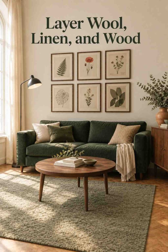 Round walnut coffee table with two books and a eucalyptus sprig on a sage green wool rug over a herringbone floor.
