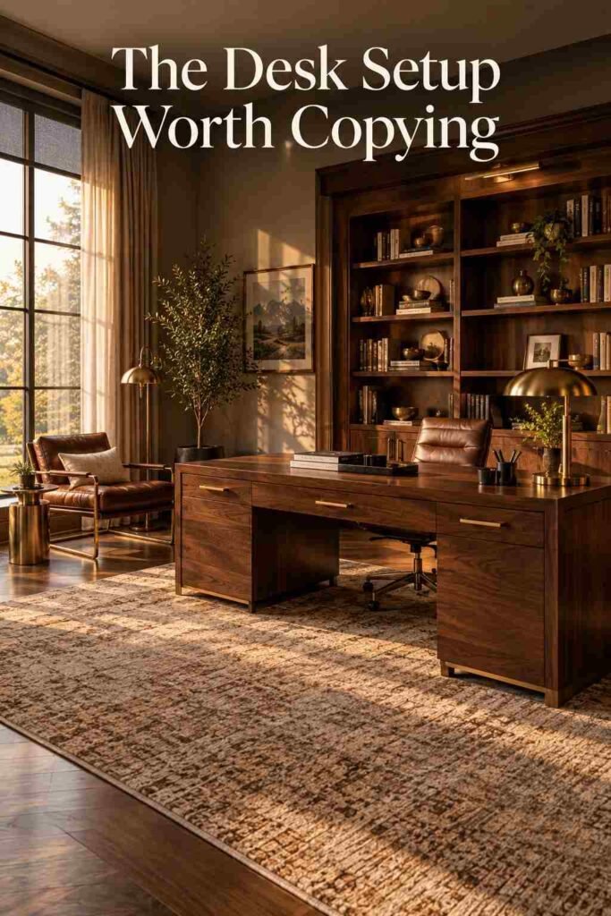 Luxury Home Office Aesthetic Ideas to Build a Refined Workspace at Home 2 Walnut desk and built-in shelving in a warm-toned home office, styled with books and brass accents.