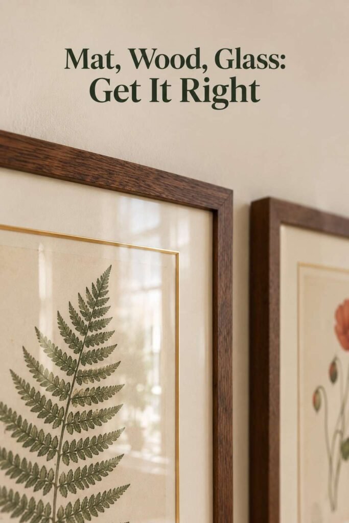 Close-up of a walnut frame corner with a cream mat, thin gold edge, and a fern illustration behind glass.