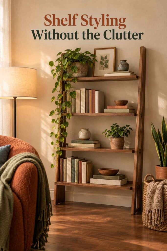 A low walnut ladder bookshelf styled with cloth-bound books, a trailing pothos, a leaning framed print, and a dusty blue ceramic vessel.