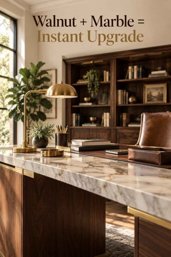 Luxury Home Office Ideas to Elevate Your Workspace in 2026 2 Close-up of a walnut and marble executive desk with a brass task lamp and leather desk accessories.