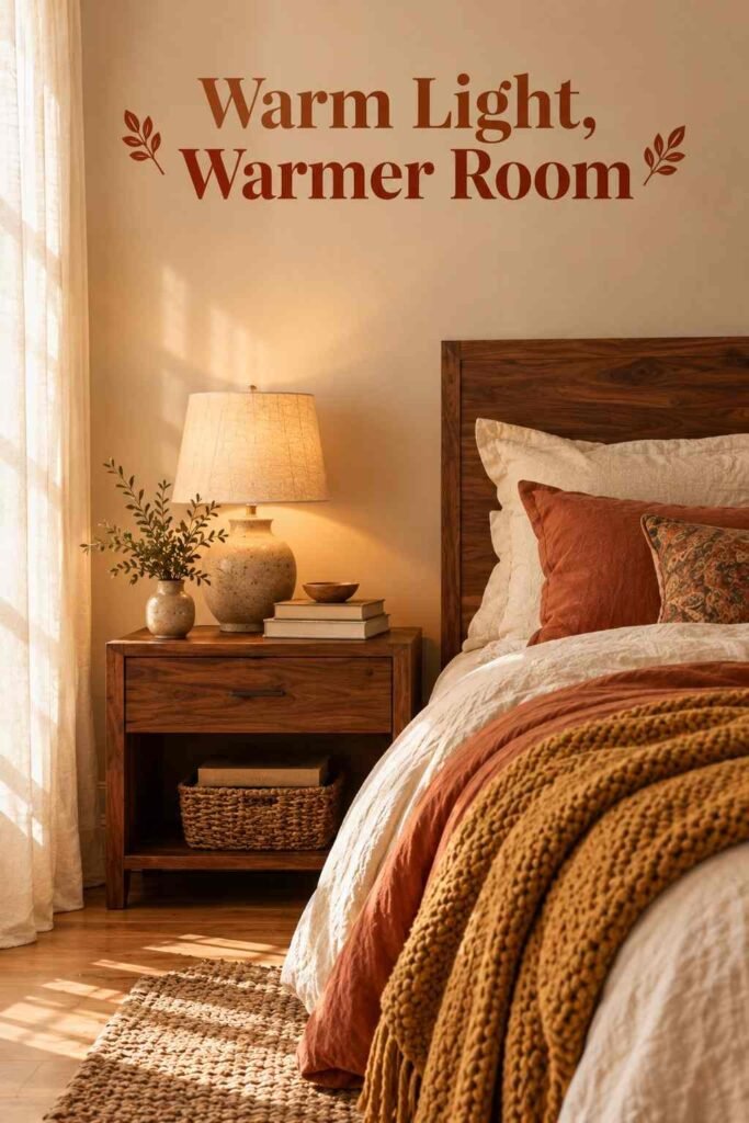 Walnut nightstand with a ceramic lamp, linen shade, and small stack of books.