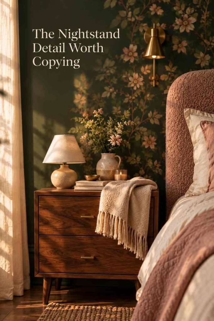 Feature Wall Bedroom Ideas: The Complete 2026 Guide to a Show-Stopping Statement Wall 4 Styled walnut nightstand with a lamp and ceramic vase in front of a blurred green wallpaper wall.