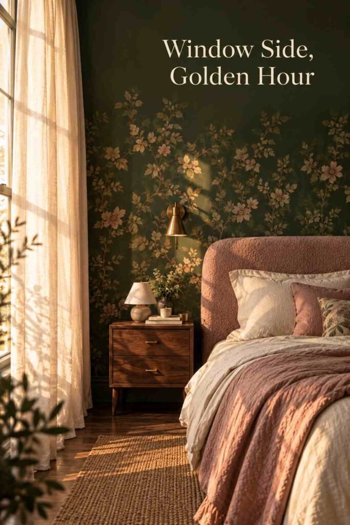 Feature Wall Bedroom Ideas: The Complete 2026 Guide to a Show-Stopping Statement Wall 7 Angled view from a window with sheer curtains, a walnut nightstand, and a green wallpaper wall in the background.