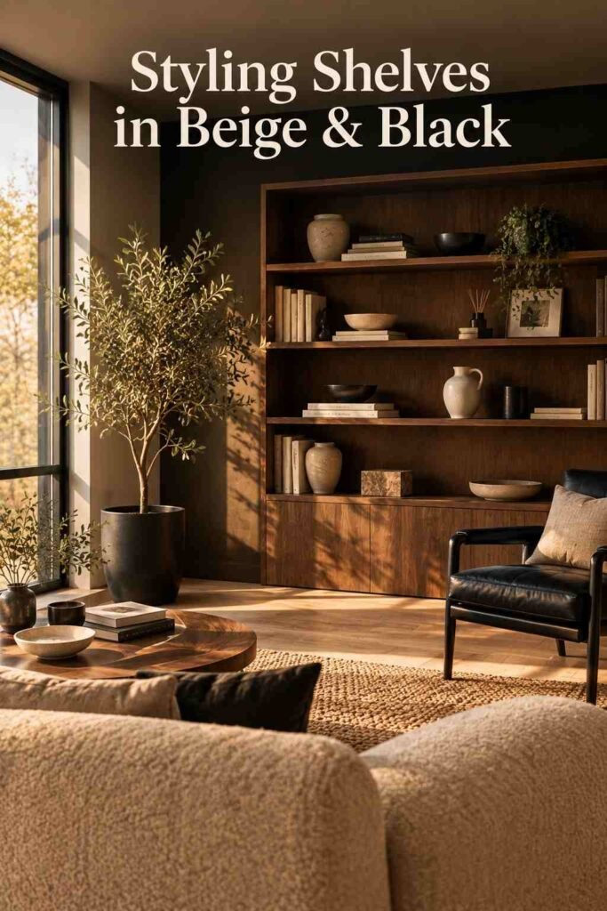 Walnut wood shelving styled with beige ceramics beside a black leather accent chair and potted olive tree.