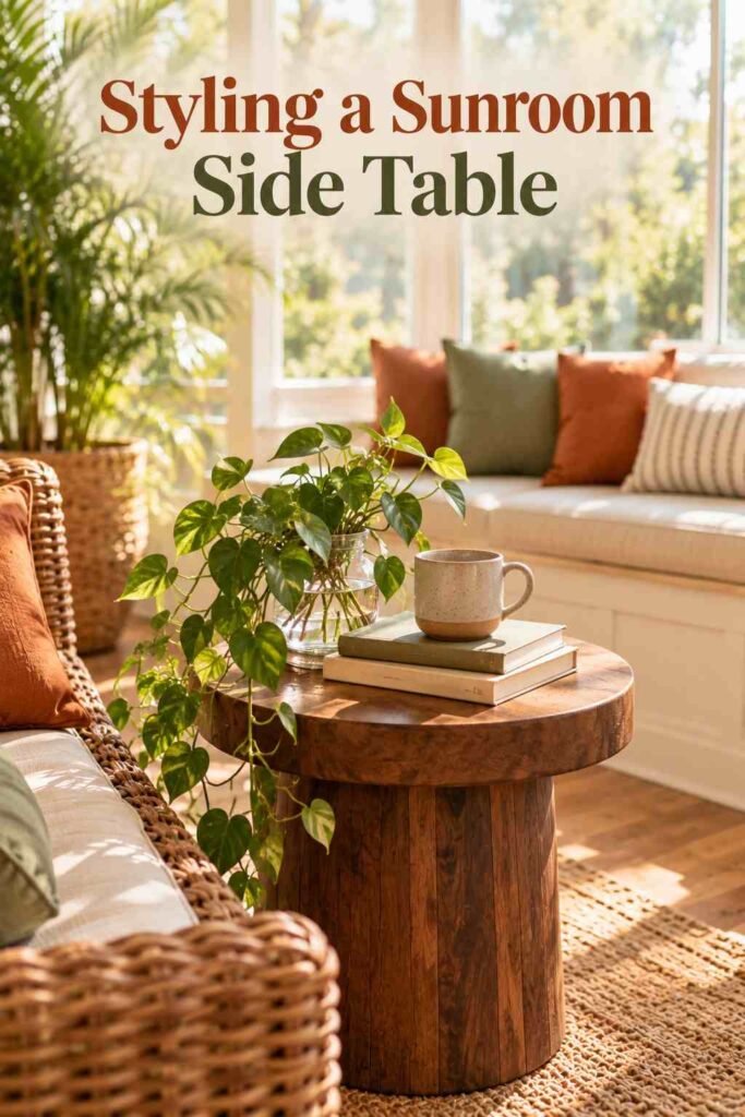 Walnut side table styled with books, a ceramic mug, and a small glass vase in a sunlit sunroom.