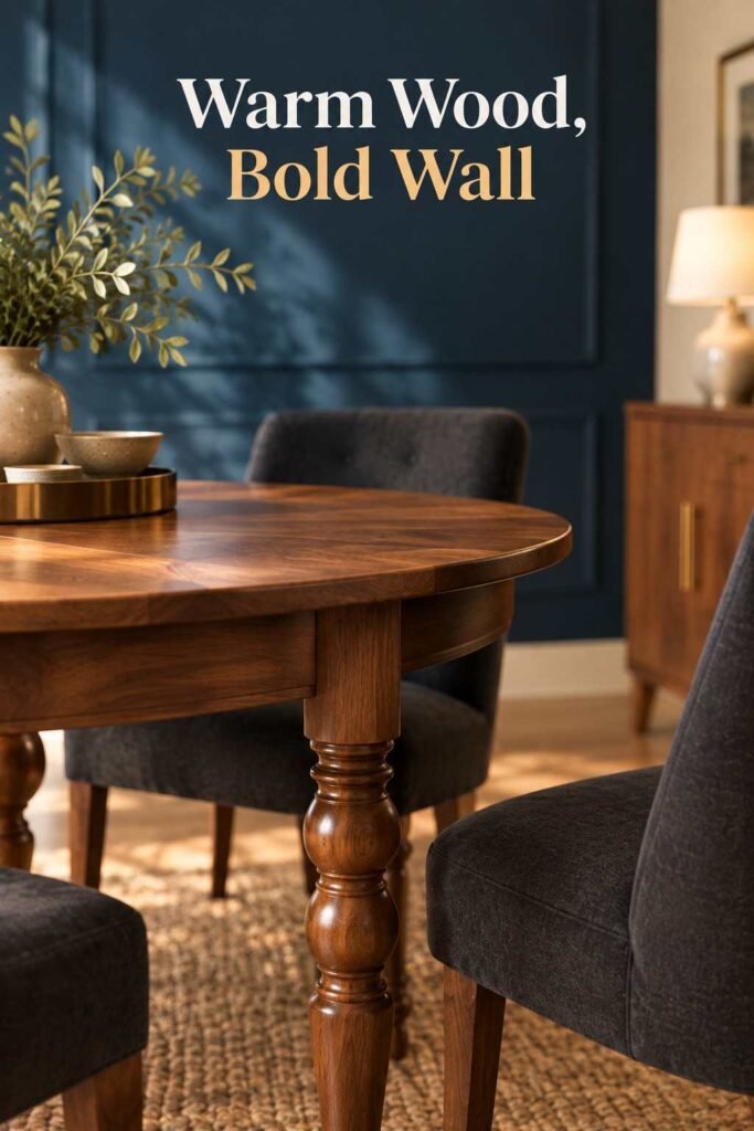 Dining Room Accent Wall Ideas That Will Transform Your Space in 2026 9 Close-up of a walnut dining table leg with a navy accent wall softly blurred behind it.