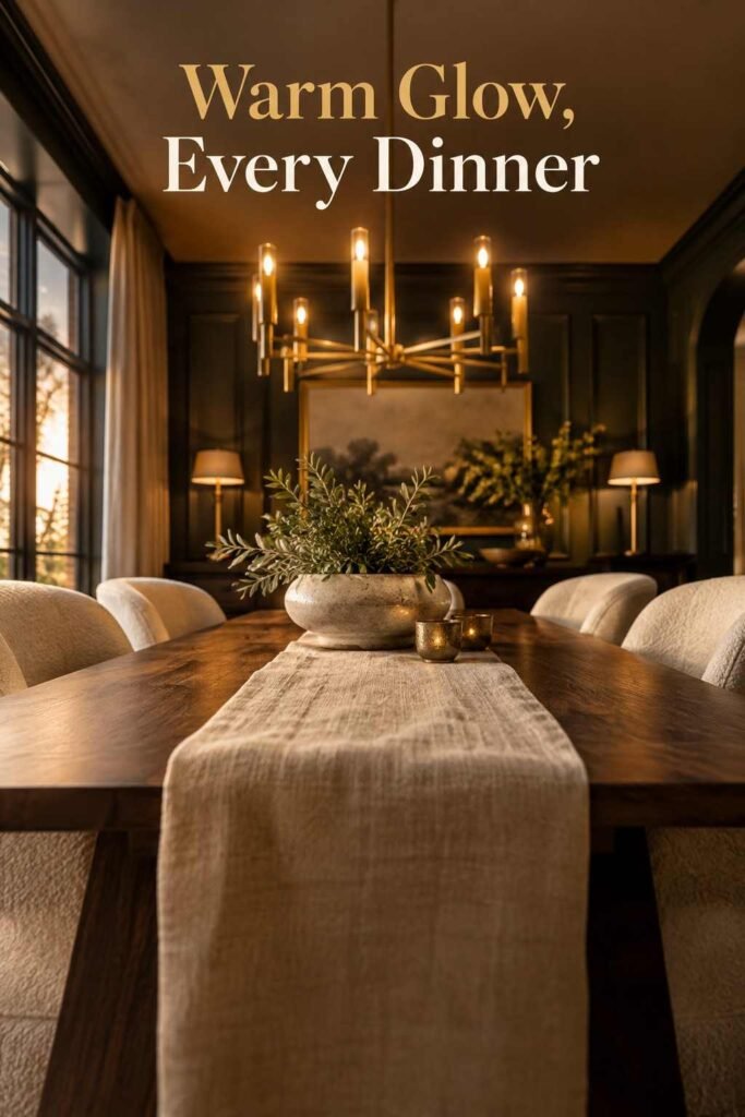 Table-level view of a linen runner and ceramic centerpiece with a warm chandelier glow above.