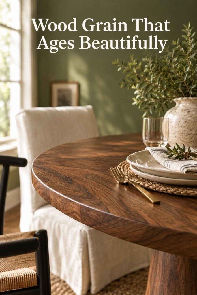 Round Dining Table Ideas to Transform Your Dining Space in 2026 5 Close-up of walnut wood grain on a round dining table with a place setting at the edge.