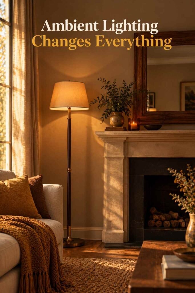 Wood and brass floor lamp glowing beside a mantel with a wood-framed mirror.