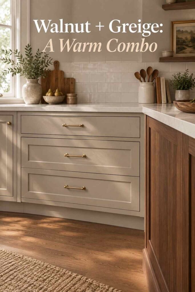 Close-up of warm greige cabinet drawers beside a walnut wood accent panel