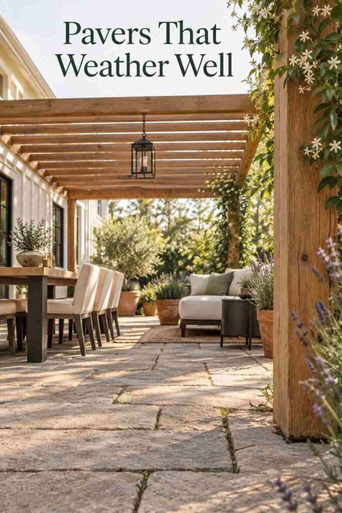 Close-up of warm grey stone pavers meeting the base of a cedar pergola post, with lavender stems and a blurred chair leg behind.