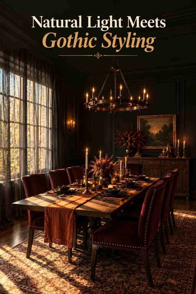 Sunlight filtering through sheer curtains onto a dark dining table styled for Halloween.