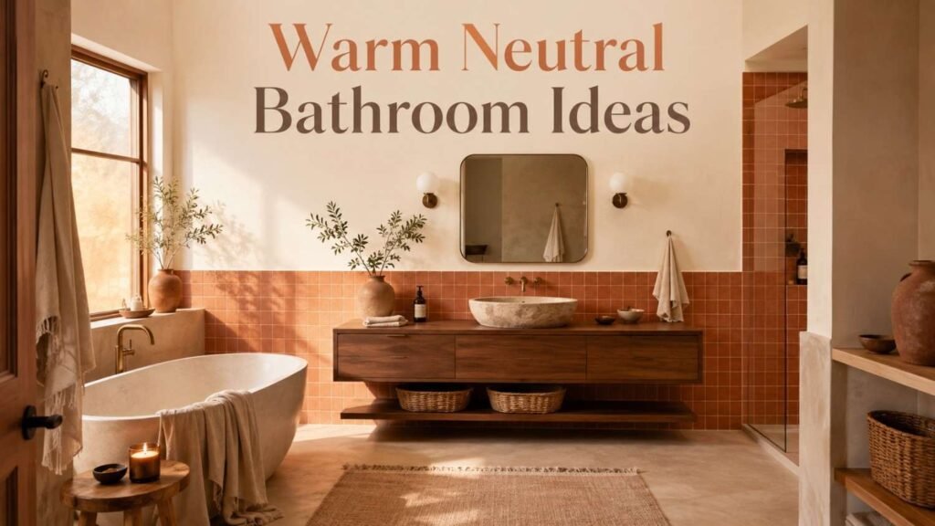 Warm neutral bathroom with terracotta accent wall, walnut floating vanity, and stone vessel basin.