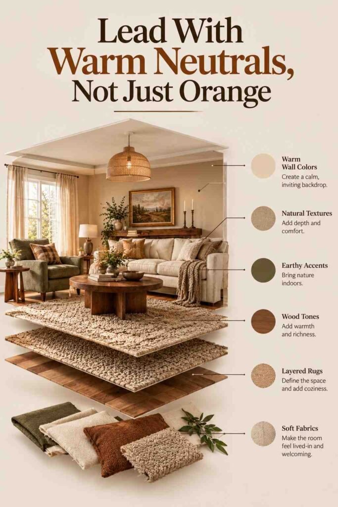 Exploded-view illustration of a cozy fall living room featuring warm neutral tones, layered rugs, natural wood flooring, earthy accents, and soft textured fabrics, with the heading “Lead With Warm Neutrals, Not Just Orange."