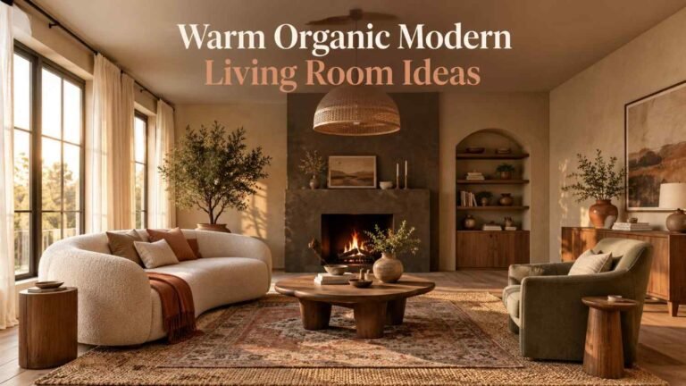 Warm organic modern living room with a curved cream sofa, walnut coffee table, and sage accent chair lit by afternoon window light.