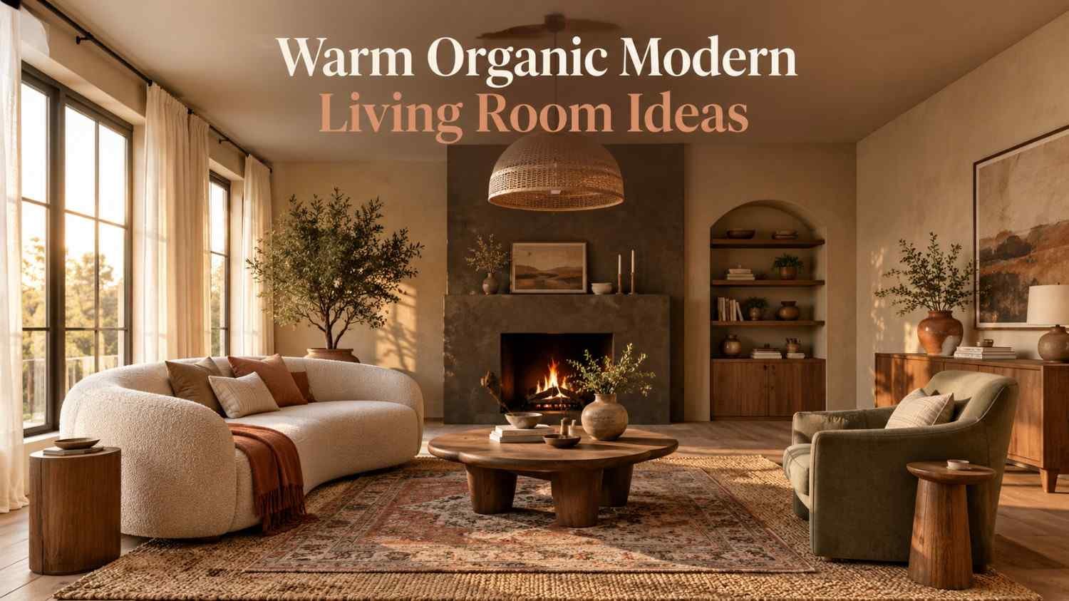 Warm organic modern living room with a curved cream sofa, walnut coffee table, and sage accent chair lit by afternoon window light.