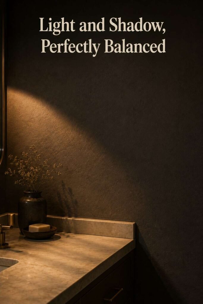 Warm light from a wall sconce spilling across a dark grey bathroom wall and countertop.