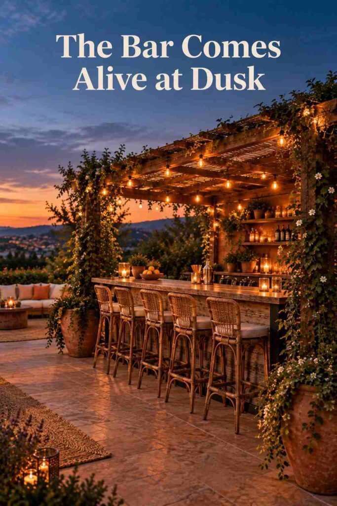 Outdoor bar glowing with string lights as daylight fades into blue hour.