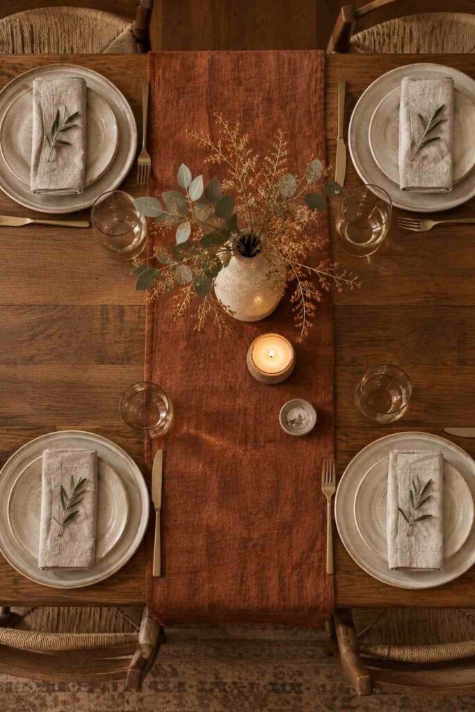 Fall Decor Indoor Ideas to Transform Your Home This Season That Actually Feel Warm 13 Rust linen table runner styled with neutral stoneware for fall dining decor