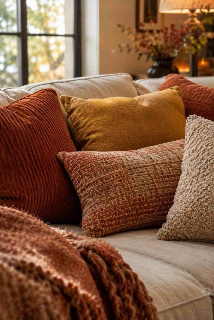 Fall Decor Indoor Ideas to Transform Your Home This Season That Actually Feel Warm 3 Rust and mustard throw pillows in mixed textures styled on a neutral sofa for fall decor