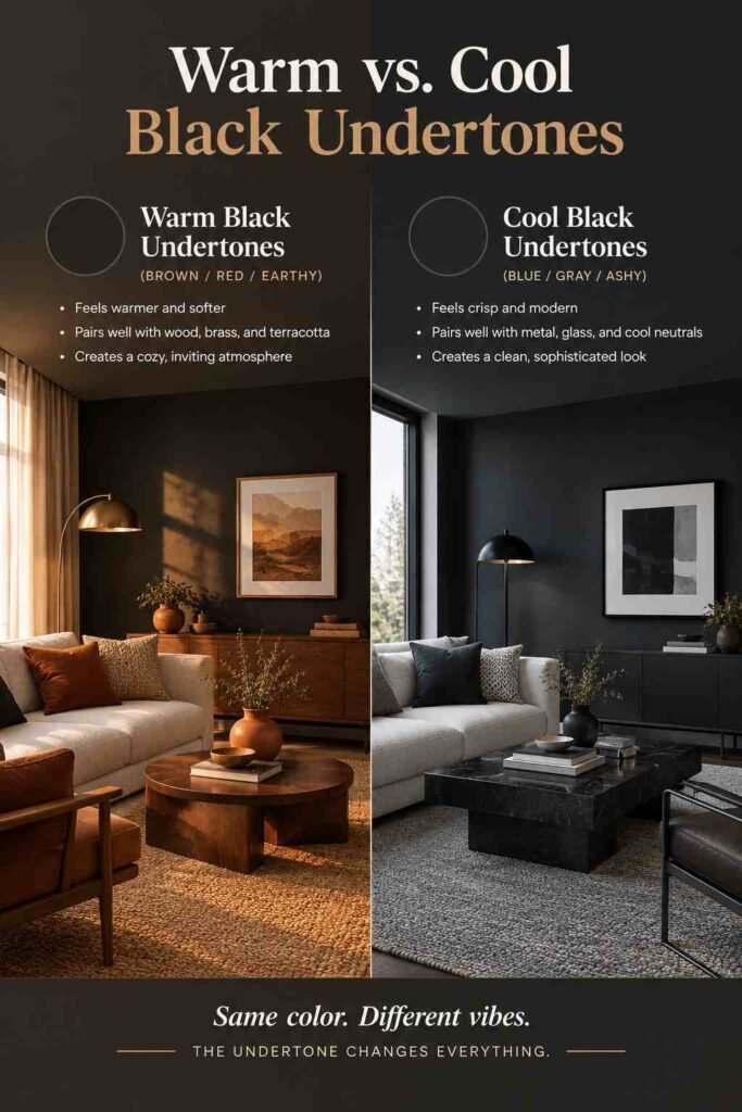 Warm vs. cool black undertones compared in two modern living rooms, showing how brown, red, and earthy black tones create a cozy look while blue, gray, and ashy blacks create a crisp, sophisticated feel.