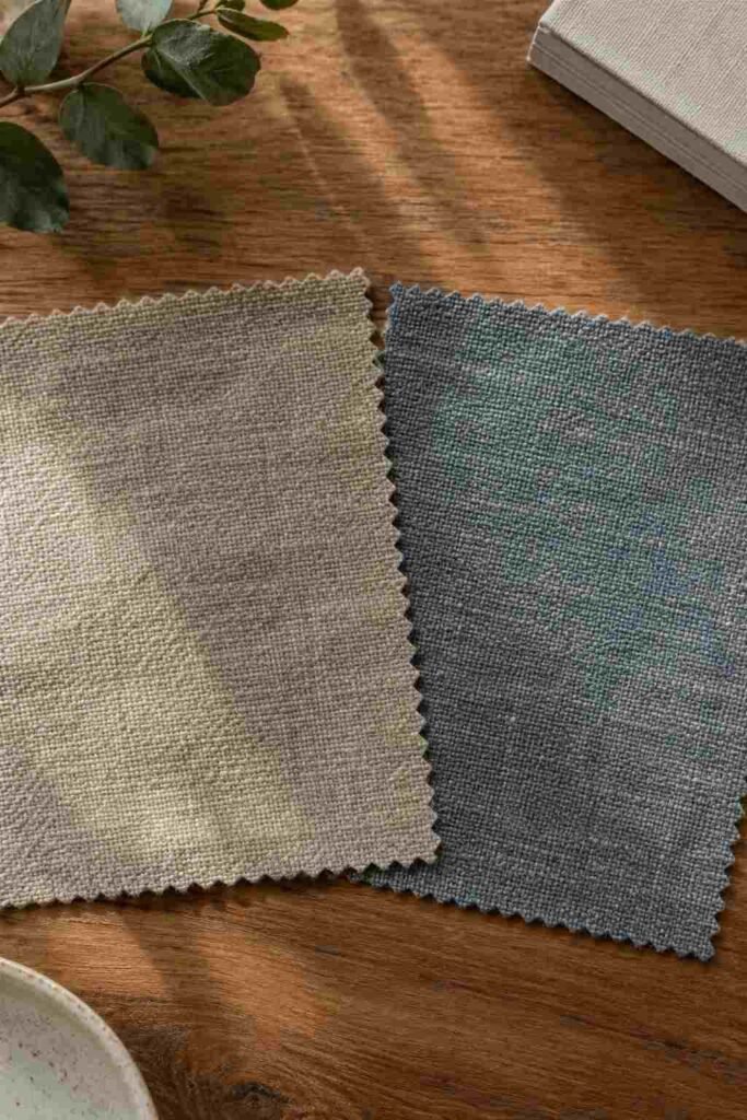 Warm-toned versus cool-toned light grey couch fabric swatches compared side by side