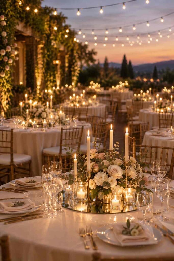 Wedding reception at dusk with glowing mirror centerpieces on every guest table.