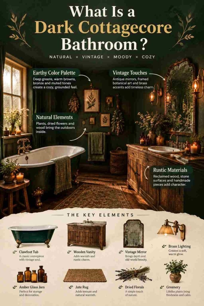 Dark cottagecore bathroom with forest green walls, clawfoot tub, reclaimed wood vanity, vintage mirror, brass lighting, and botanical accents.
