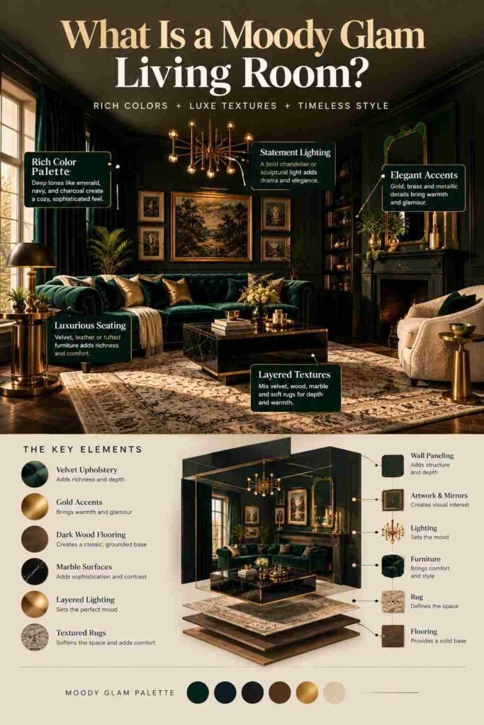 Moody glam living room with emerald velvet furniture, gold accents, layered textures, and an exploded-view design showing key elements.