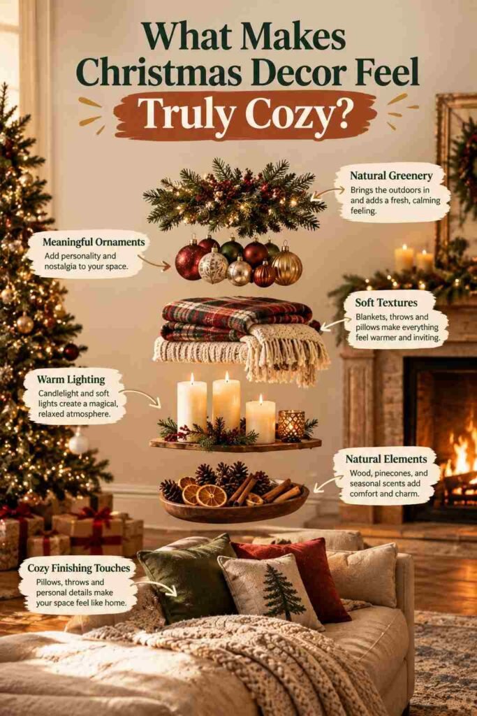Cozy Christmas Decor Ideas to Make Every Room Feel Warm and Inviting 2 What makes Christmas decor feel truly cozy with warm lighting, soft textures, natural greenery, meaningful ornaments, and rustic holiday accents.