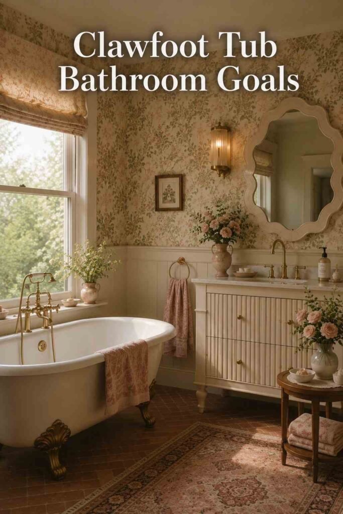 White clawfoot tub with brass feet beneath a window in a floral-wallpapered bathroom.