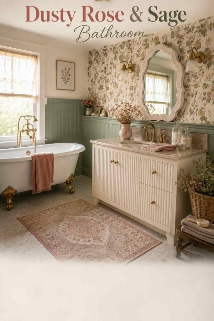 Bathroom corner showing dusty rose floral wallpaper and sage green accents beside a clawfoot tub.