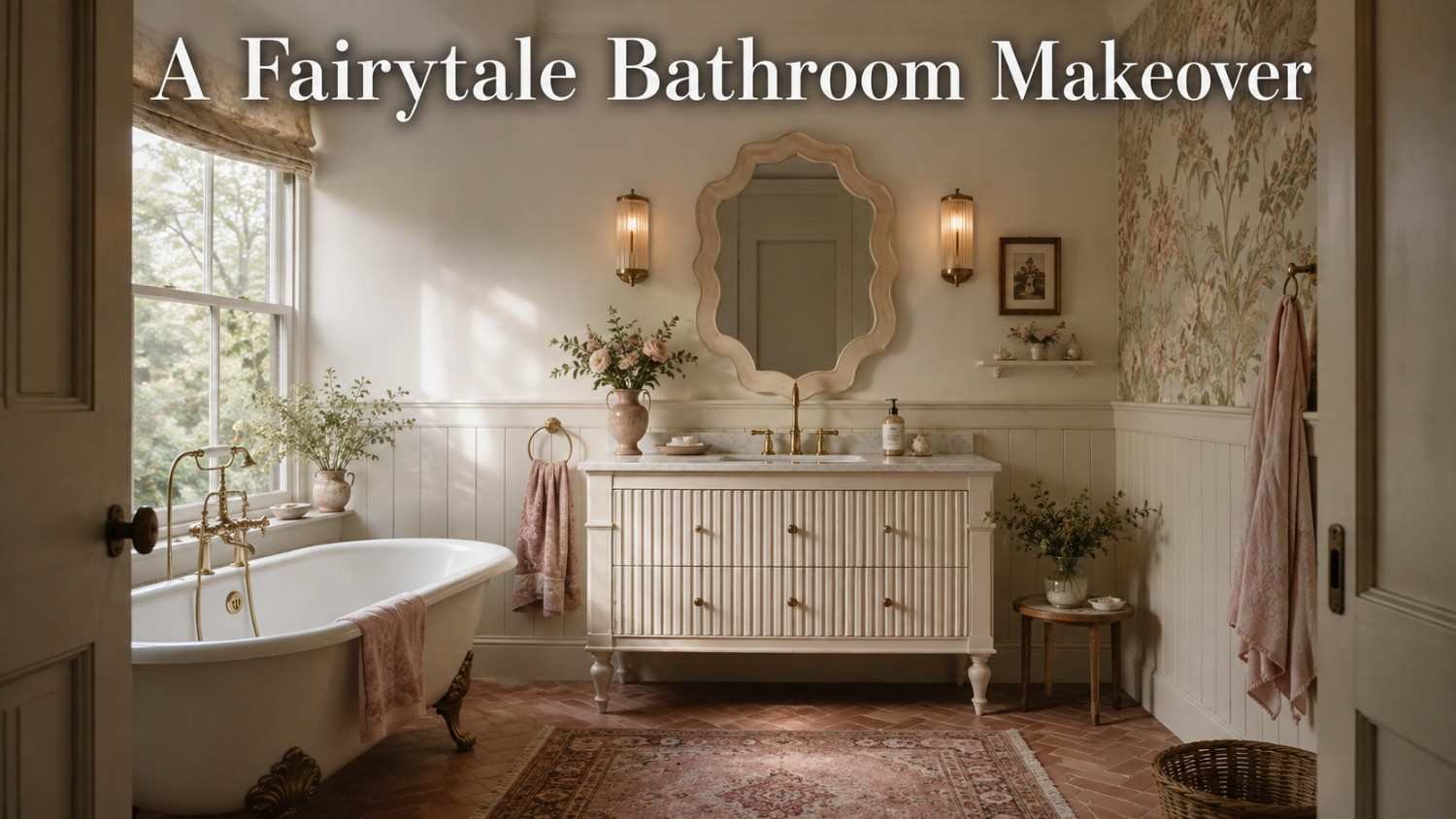 Whimsical bathroom with scalloped mirror, botanical wallpaper, and clawfoot tub in dusty rose and sage tones.