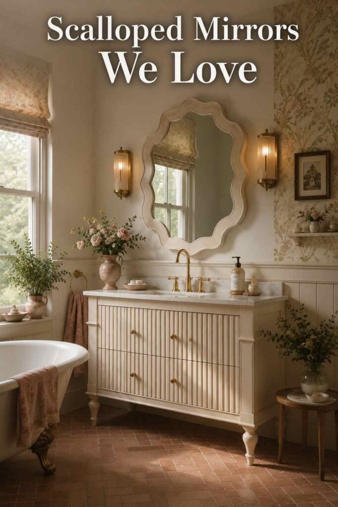 Scalloped white mirror flanked by brass fluted sconces above a cream fluted vanity.