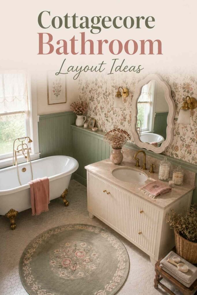 Elevated view of a compact bathroom vanity and sage green rug in a whimsical, floral-wallpapered space.
