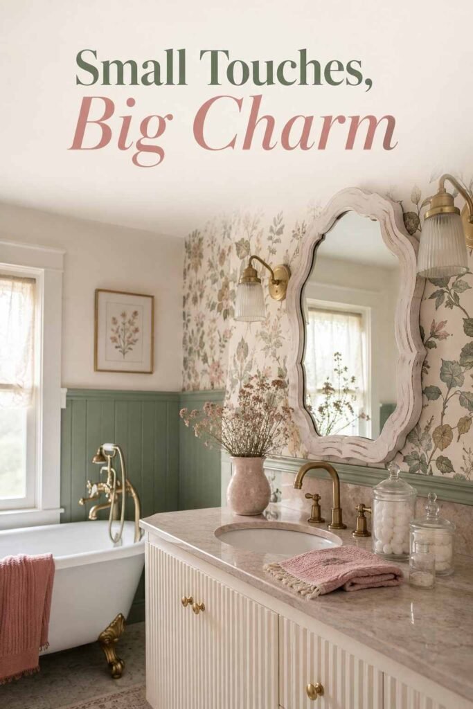 Glass apothecary jars, dried flowers, and a linen towel styled on a cream bathroom vanity.