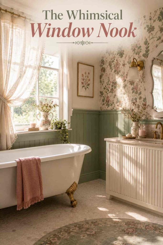 Sheer curtain and soft morning light filtering across floral wallpaper near a bathroom window.