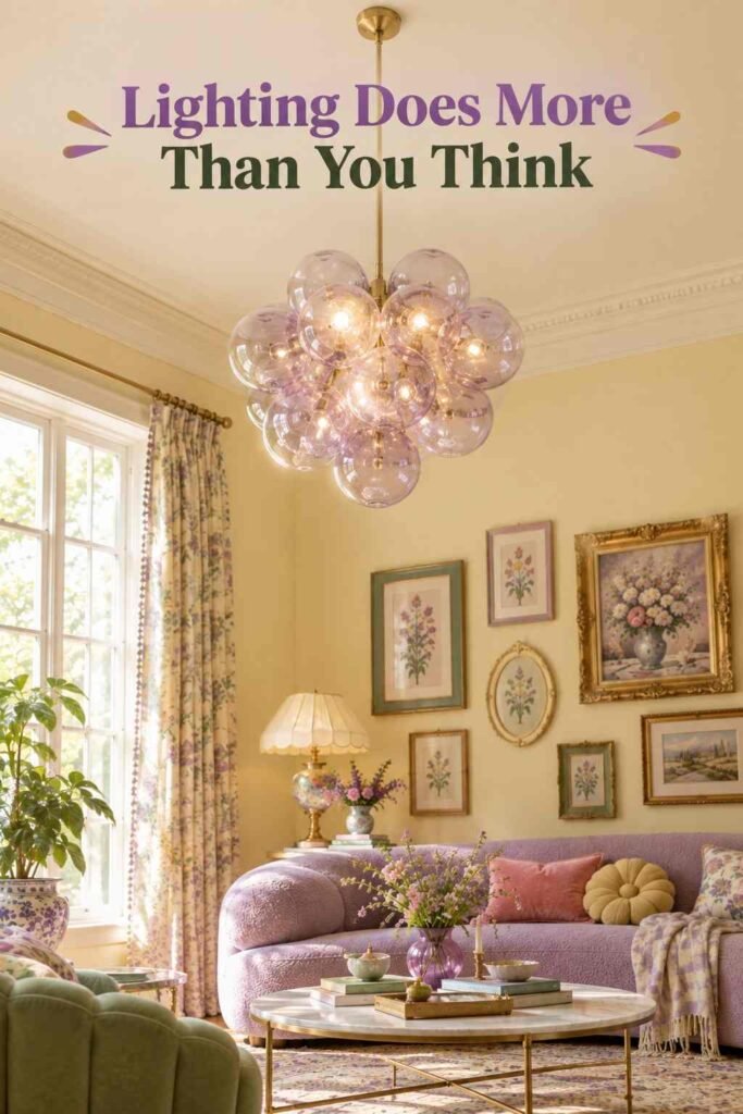 Bubble-cluster glass pendant light hanging above a coffee table in a whimsical living room.