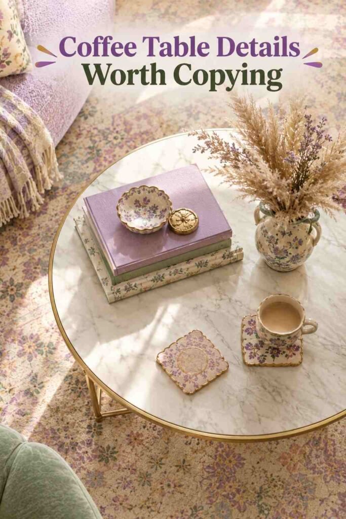 Overhead view of a round brass coffee table styled with books, a ceramic vase, and dried grass.
