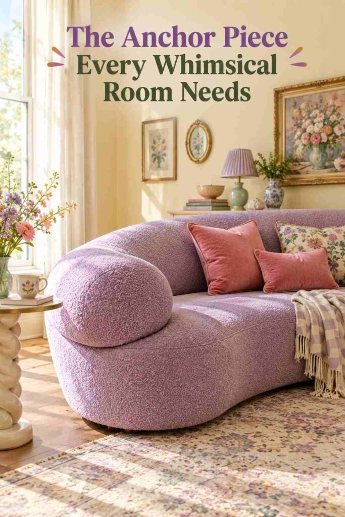Close-up of a curved lavender bouclé sofa with coral velvet cushions in a whimsical living room.