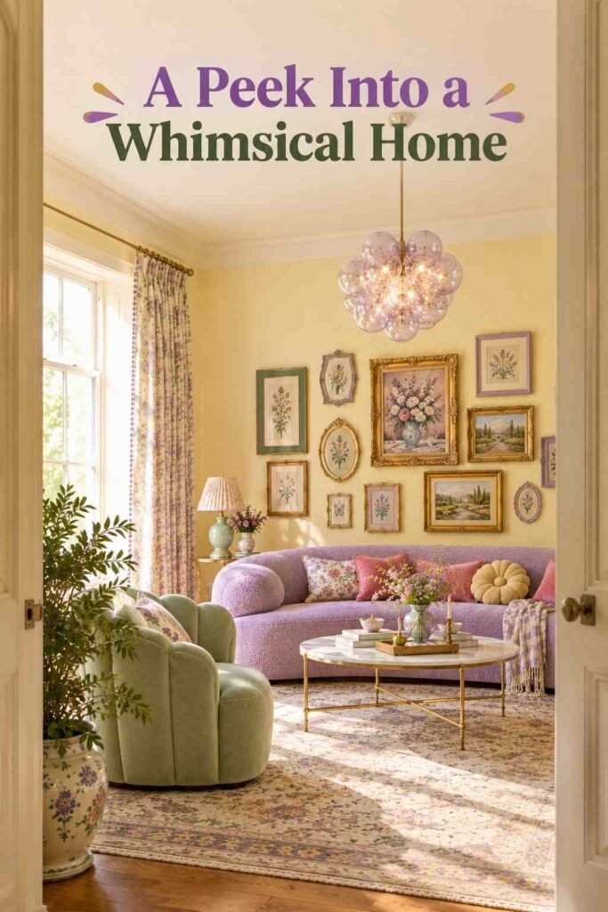 Whimsical living room viewed through an open doorway, showing the curved sofa, armchair, and gallery wall together.
