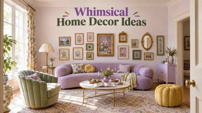 Whimsical living room with a curved lavender sofa, mint scalloped armchair, and a gallery wall of mismatched frames.